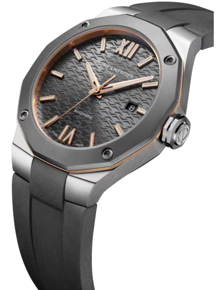 Side view of Baume & Mercier wristwatch with stainless steel and titanium case, grey dial and black rubber strap