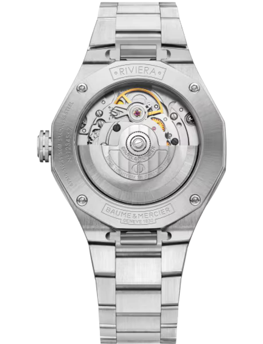 Back view of Baume & Mercier wristwatch with stainless steel case and bracelet and grey dial