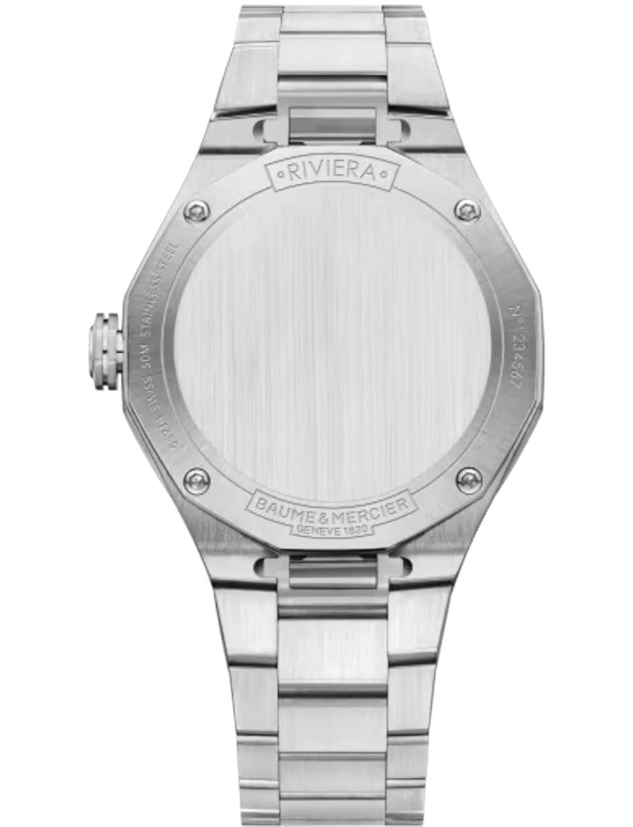Back view of Baume & Mercier wristwatch with stainless steel case and bracelet and white mother of pearl dial