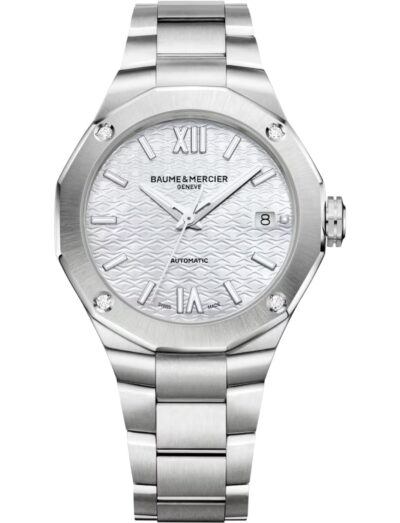Baume & Mercier wristwatch with stainless steel case and bracelet and white mother of pearl