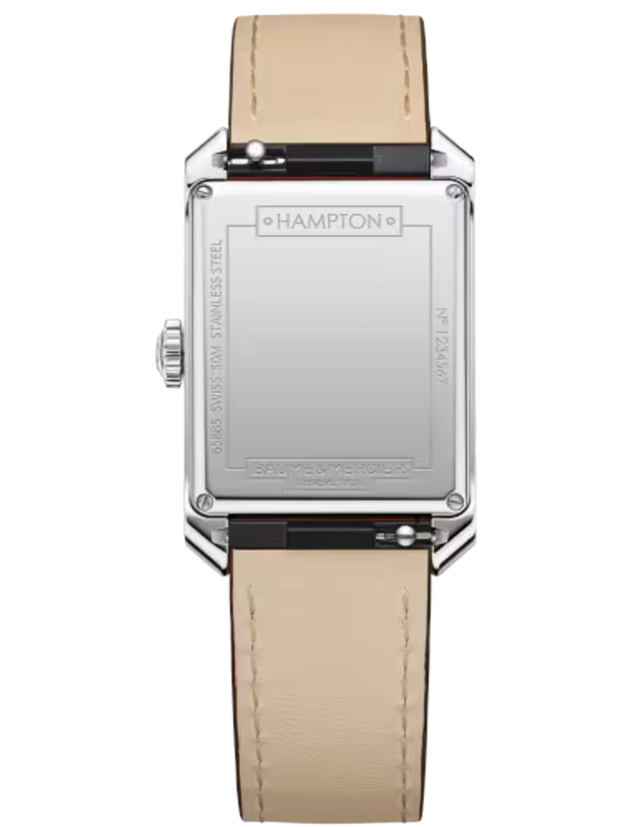 Back view of Baume & Mercier wristwatch with stainless steel case, grey dial and calfskin leather strap