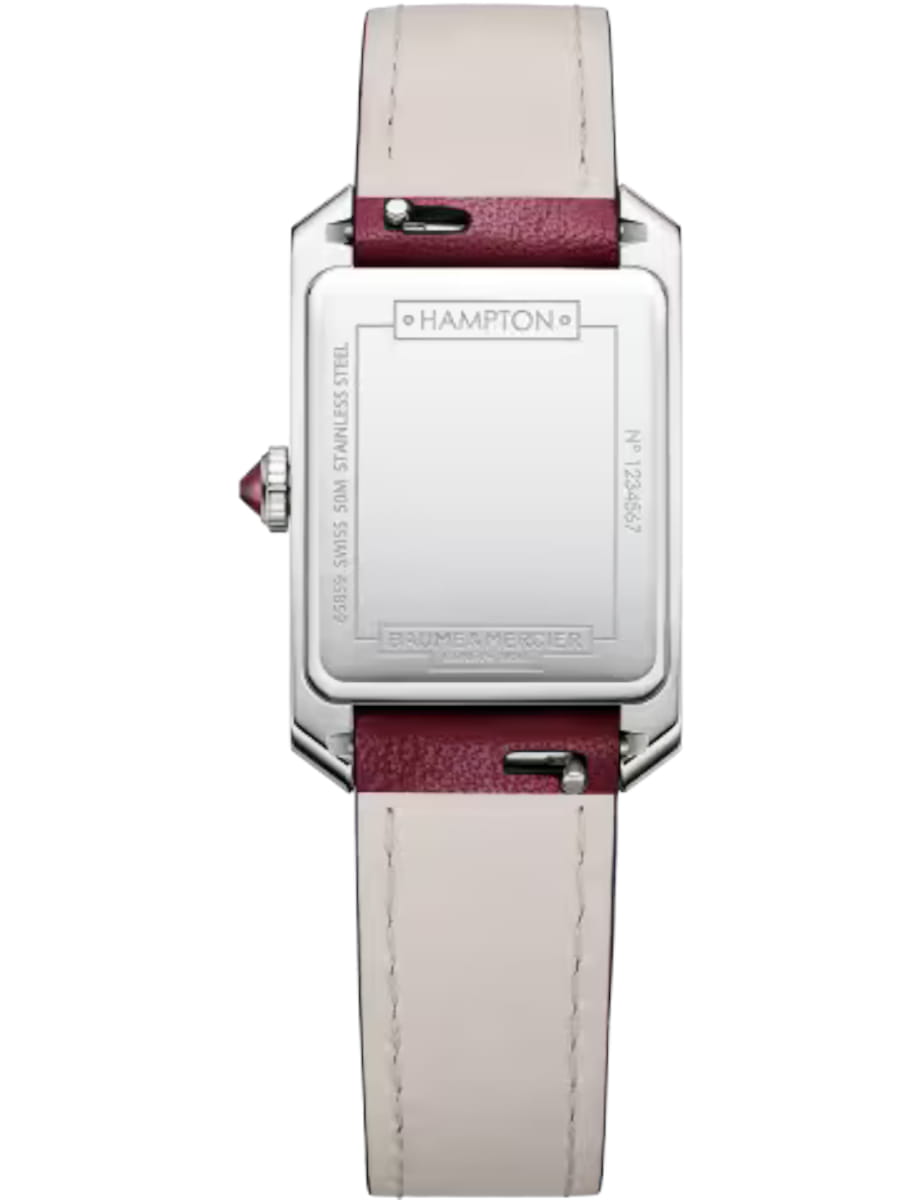 Back view of Baume & Mercier wristwatch with stainless steel case, purple dial and calfskin leather strap