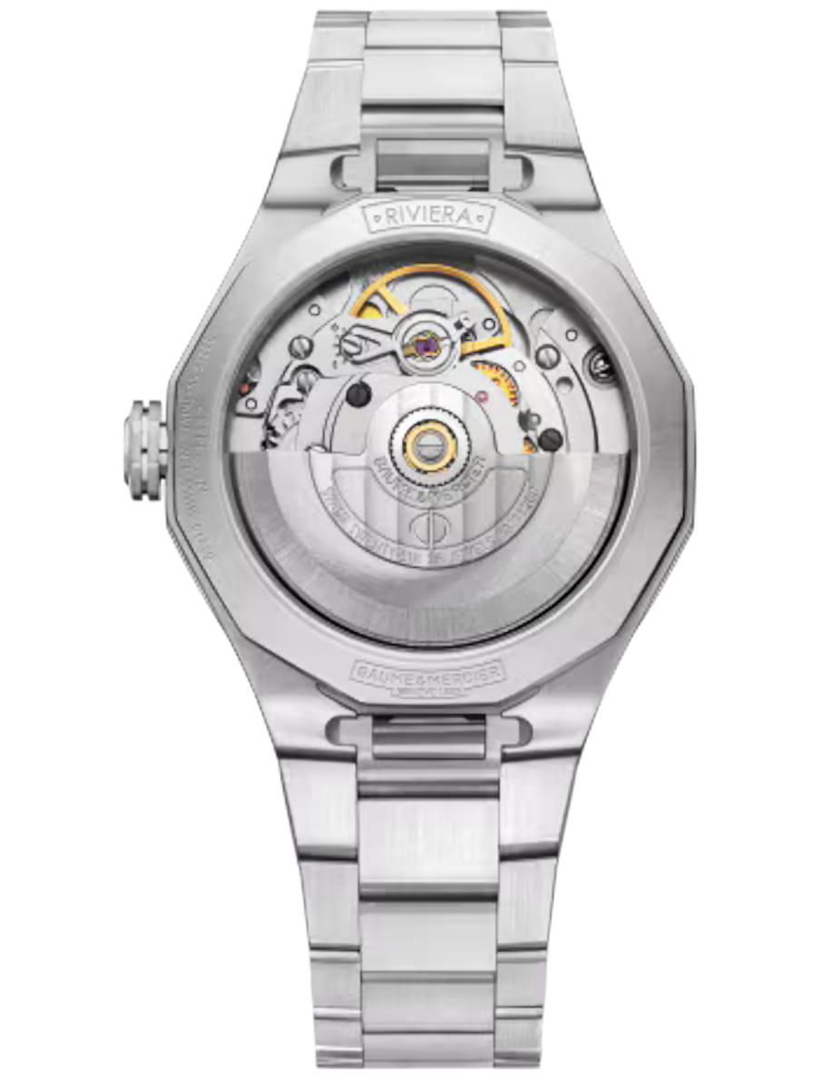 Back view of Baume & Mercier wristwatch with stainless steel case and bracelet and pink dial