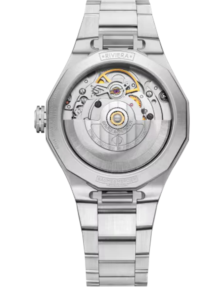 Back view of Baume & Mercier wristwatch with stain less steel case and bracelet and white mother of pearl dial