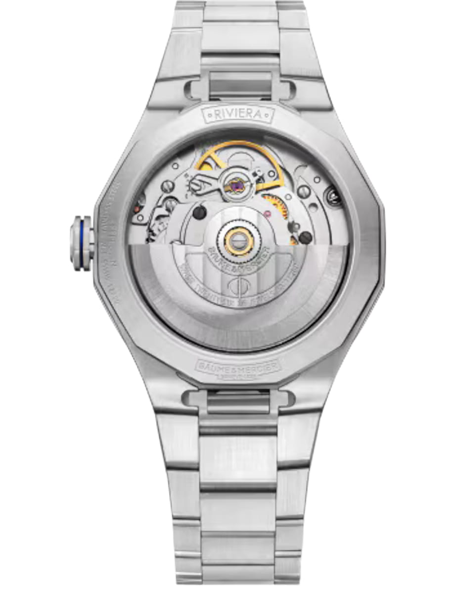 Back view of Baume & Mercier wristwatch with stainless steel case and bracelet and blue dial