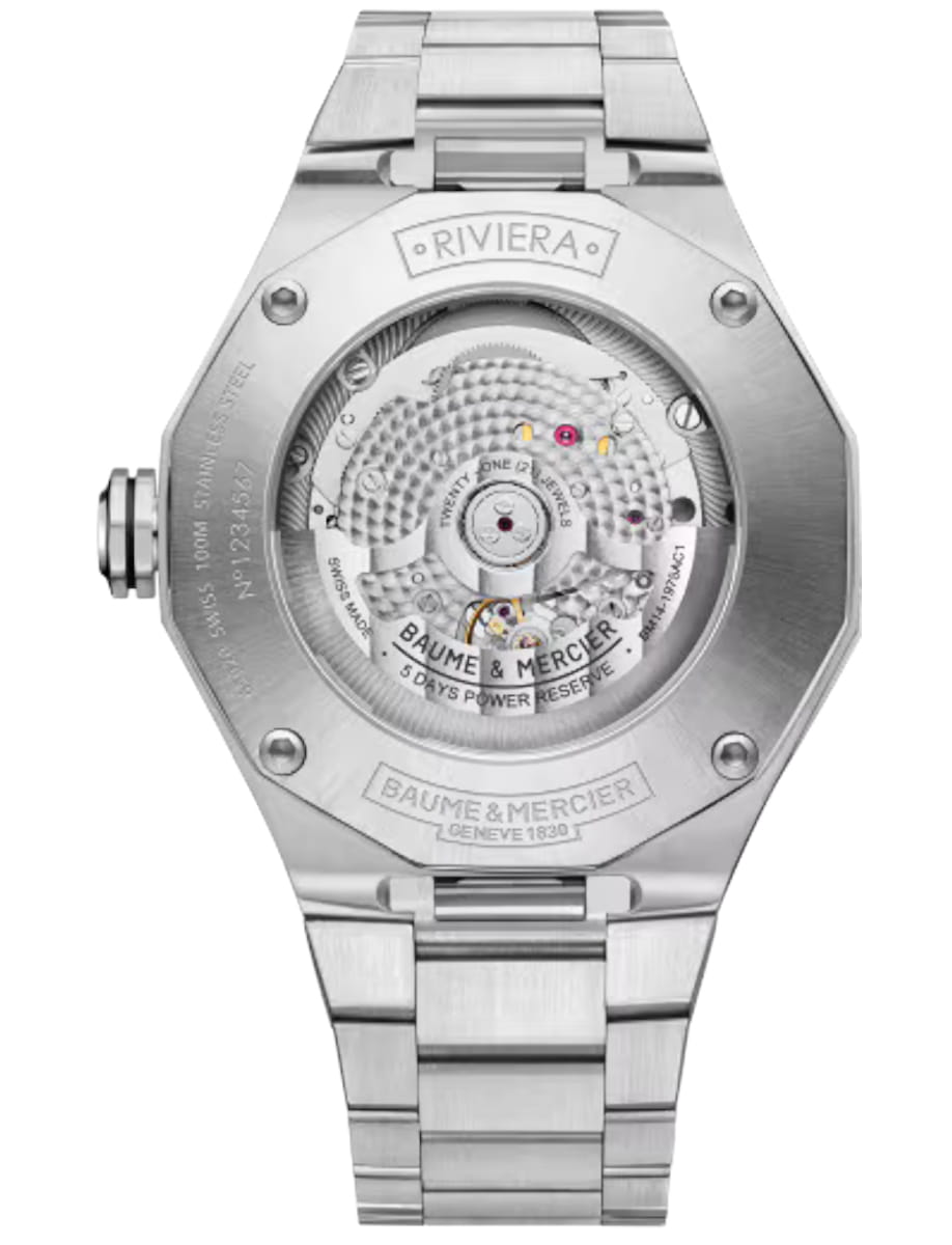 Back view of Baume & Mercier wristwatch with stainless steel case and bracelet and blue dial