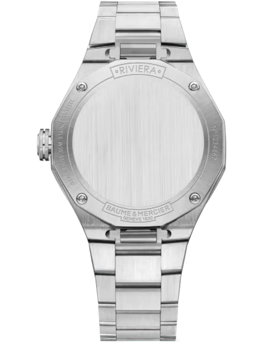 Back view of Baume & Mercier wristwatch with stainless steel case and bracelet and green dial