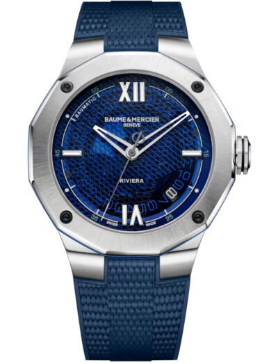 Baume & Mercier wristwatch with stainless steel case, blue dial and blue rubber strap