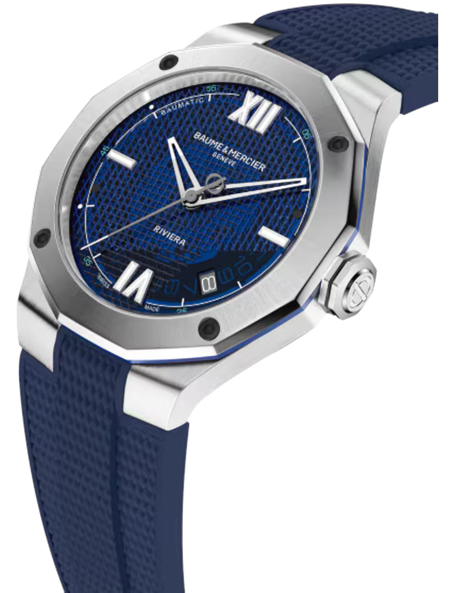 Side view of Baume & Mercier wristwatch with stainless steel case, blue dial and blue rubber strap