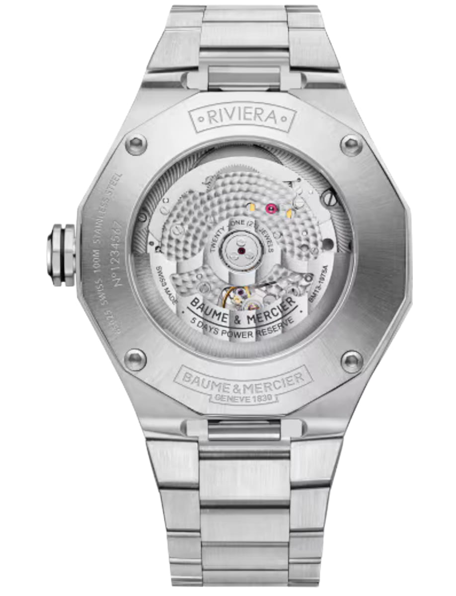 Back view of Baume & Mercier wristwatch with stainless steel case and bracelet and grey dial