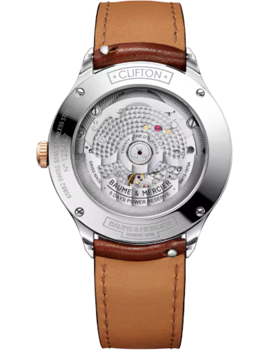 Back view of Baume & Mercier wristwatch with stainless steel case, brown dial and calfskin leather strap