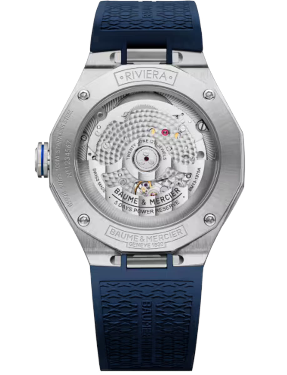 Back view of Baume & Mercier wristwatch with stainless steel case, blue dial and blue rubber strap