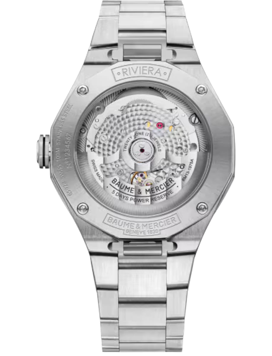 Back view of Baume & Mercier wristwatch with stainless steel case and bracelet and black grey dial