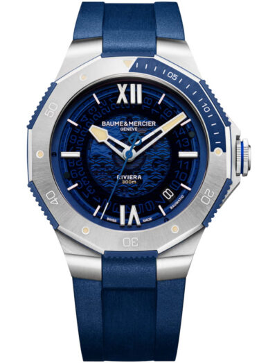 Baume & Mercier wristwatch with stainless steel case, blue dial and blue rubber strap