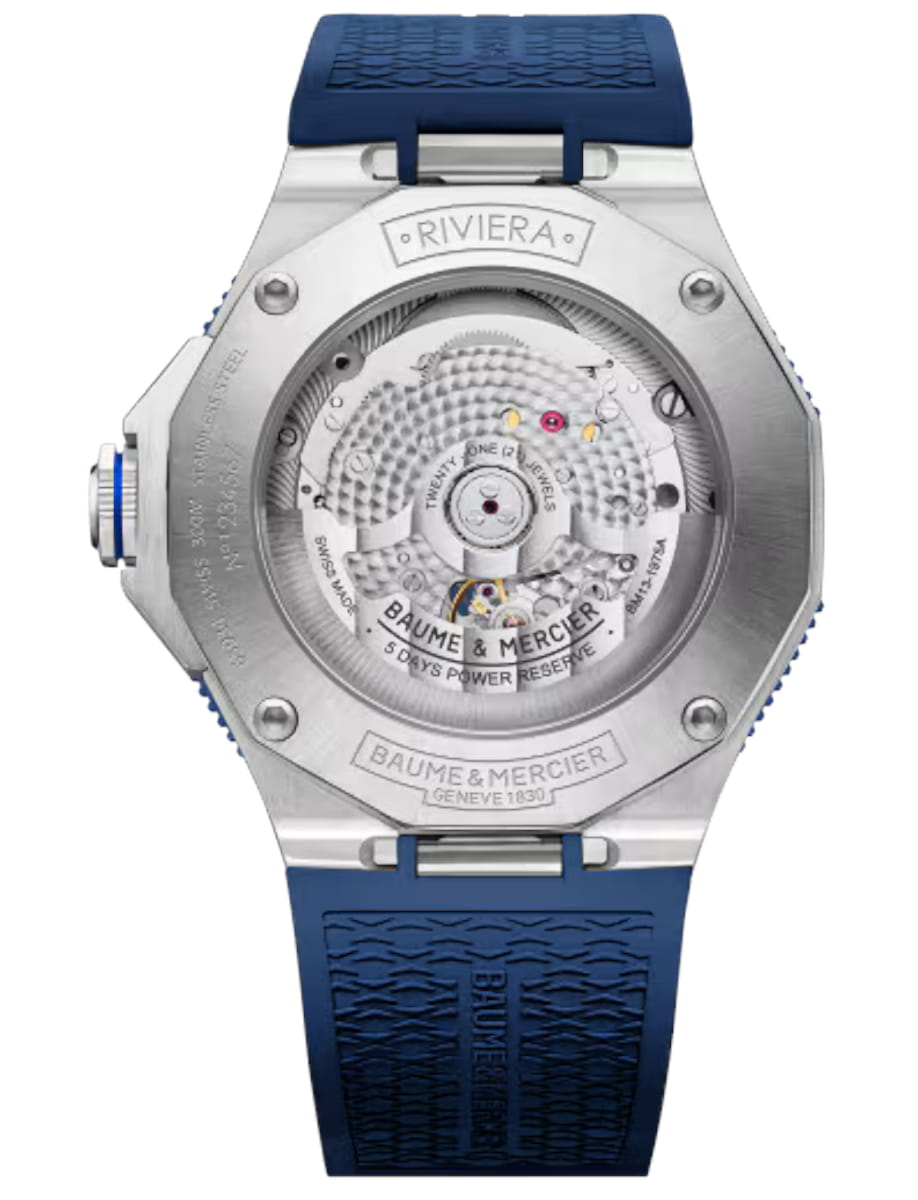 Back view of Baume & Mercier wristwatch with stainless steel case, blue dial and blue rubber strap