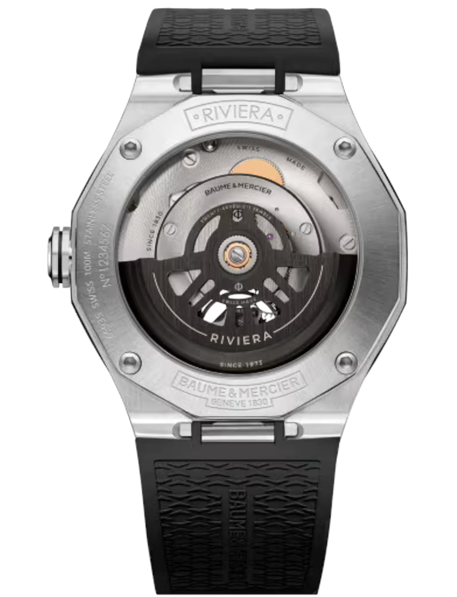 Back view of Baume & Mercier wristwatch with stainless steel case, black dial and black rubber strap