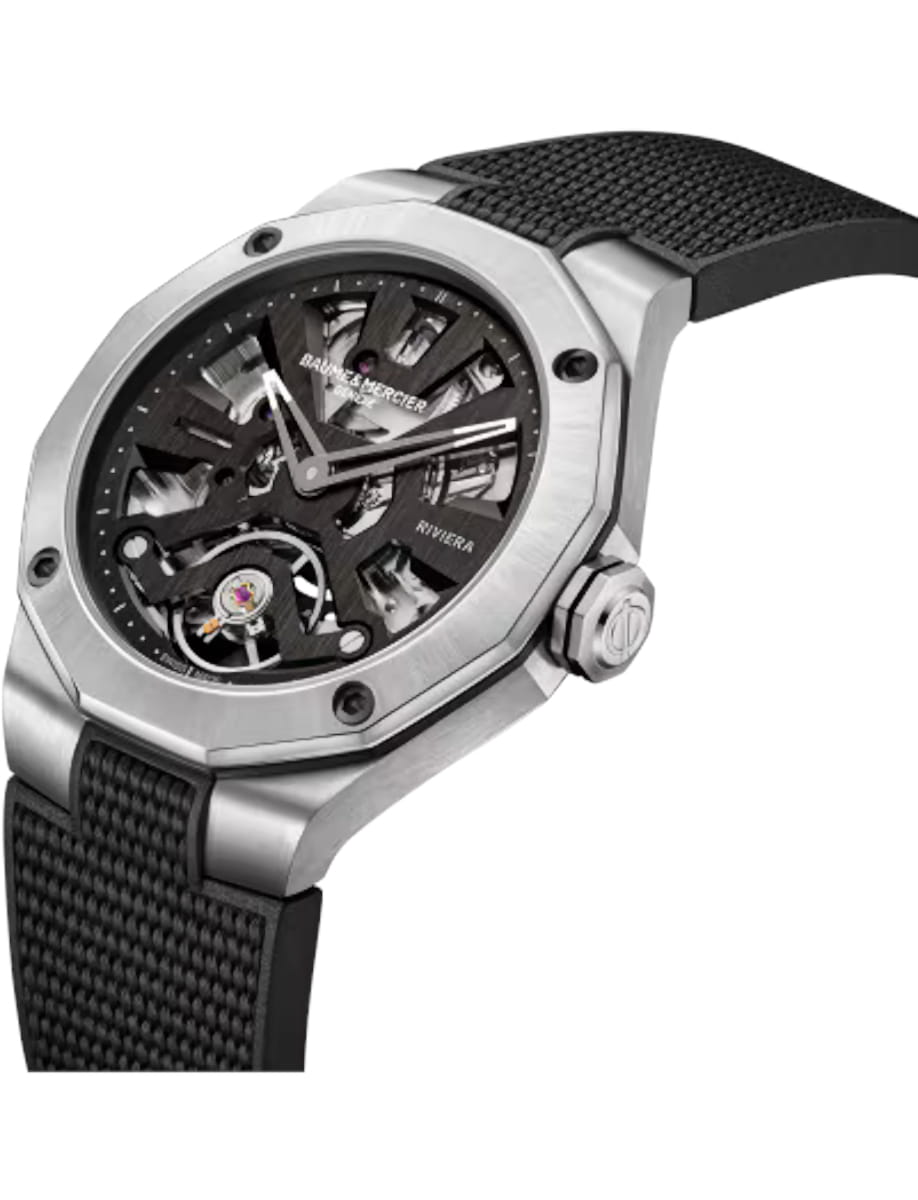 Side view of Baume & Mercier wristwatch with stainless steel case, black dial and black rubber strap