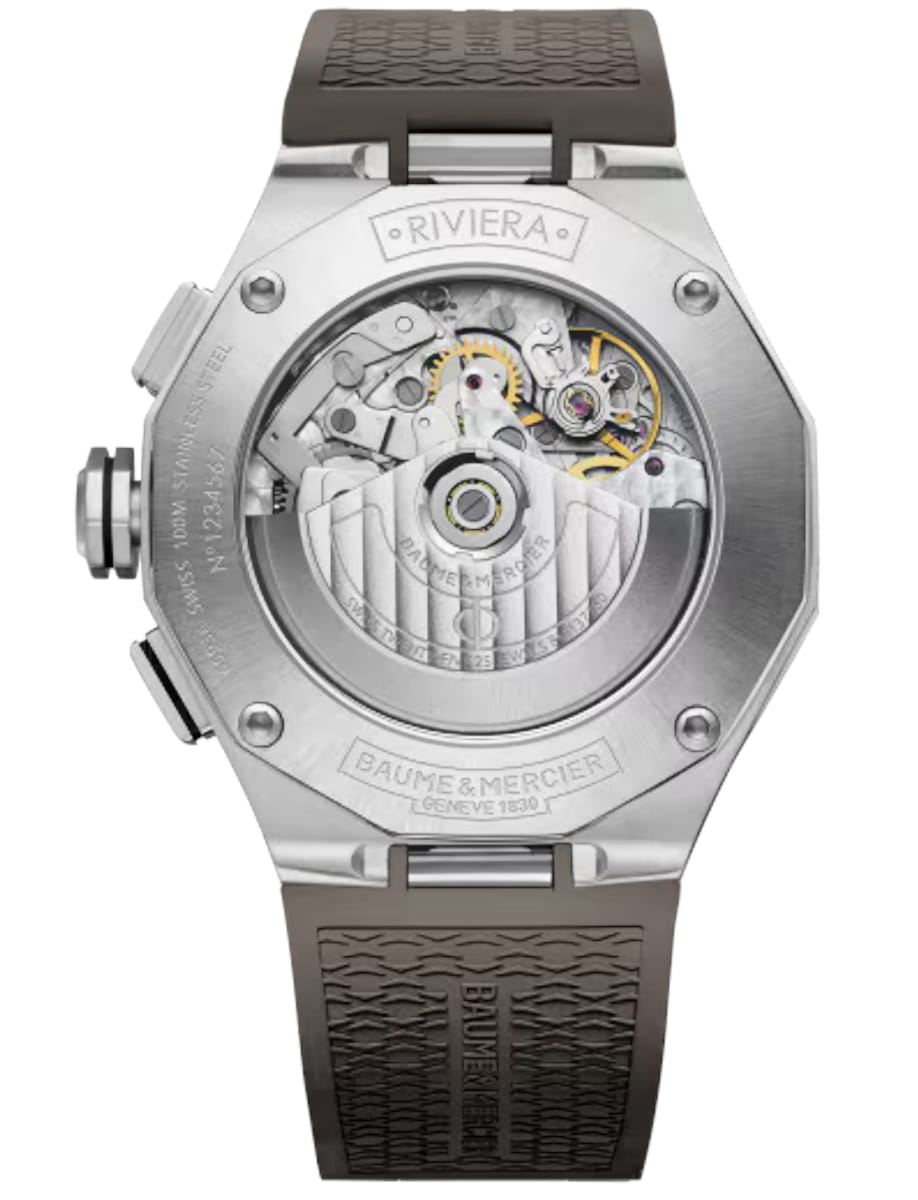 Back view of Baume & Mercier wristwatch with stainless steel case, grey dial and grey rubber strap