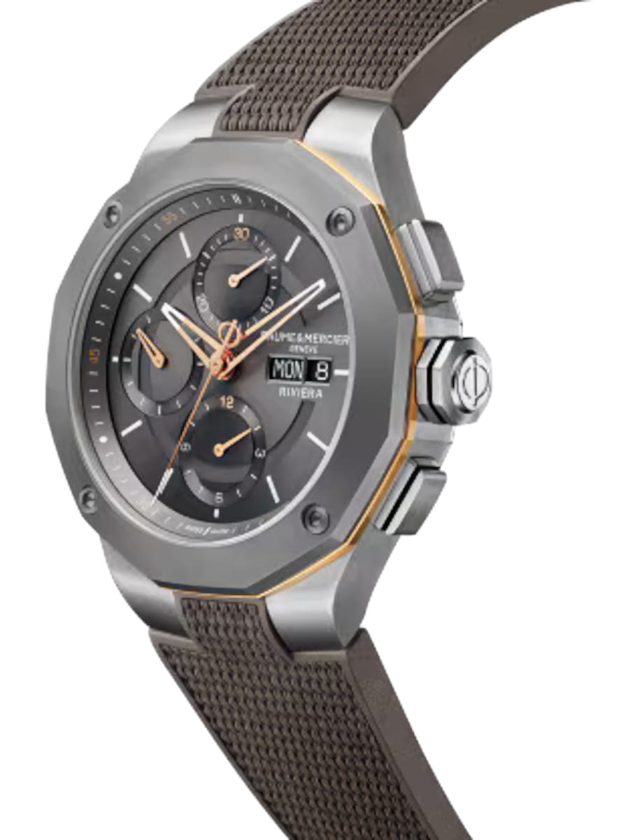 Side view of Baume & Mercier wristwatch with stainless steel case, grey dial and grey rubber strap