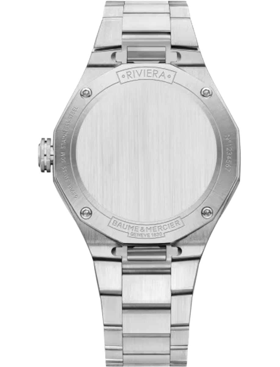 Back view of Baume & Mercier wristwatch with stainless steel case and bracelet and black dial