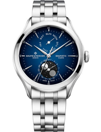 Baume & Mercier wristwatch with stainless steel case and bracelet and blue dial