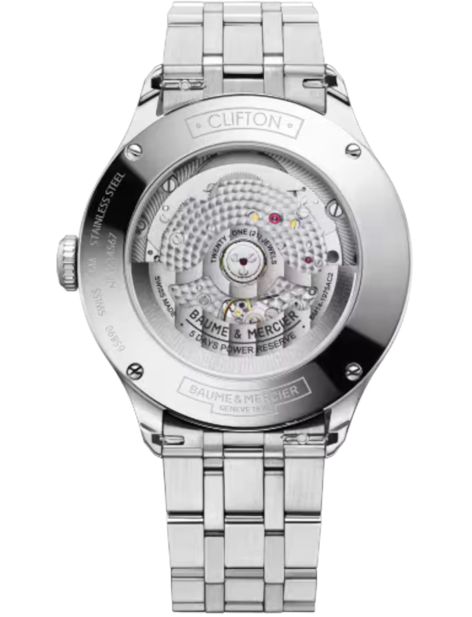 Back view of Baume & Mercier wristwatch with stainless steel case and bracelet and blue dial