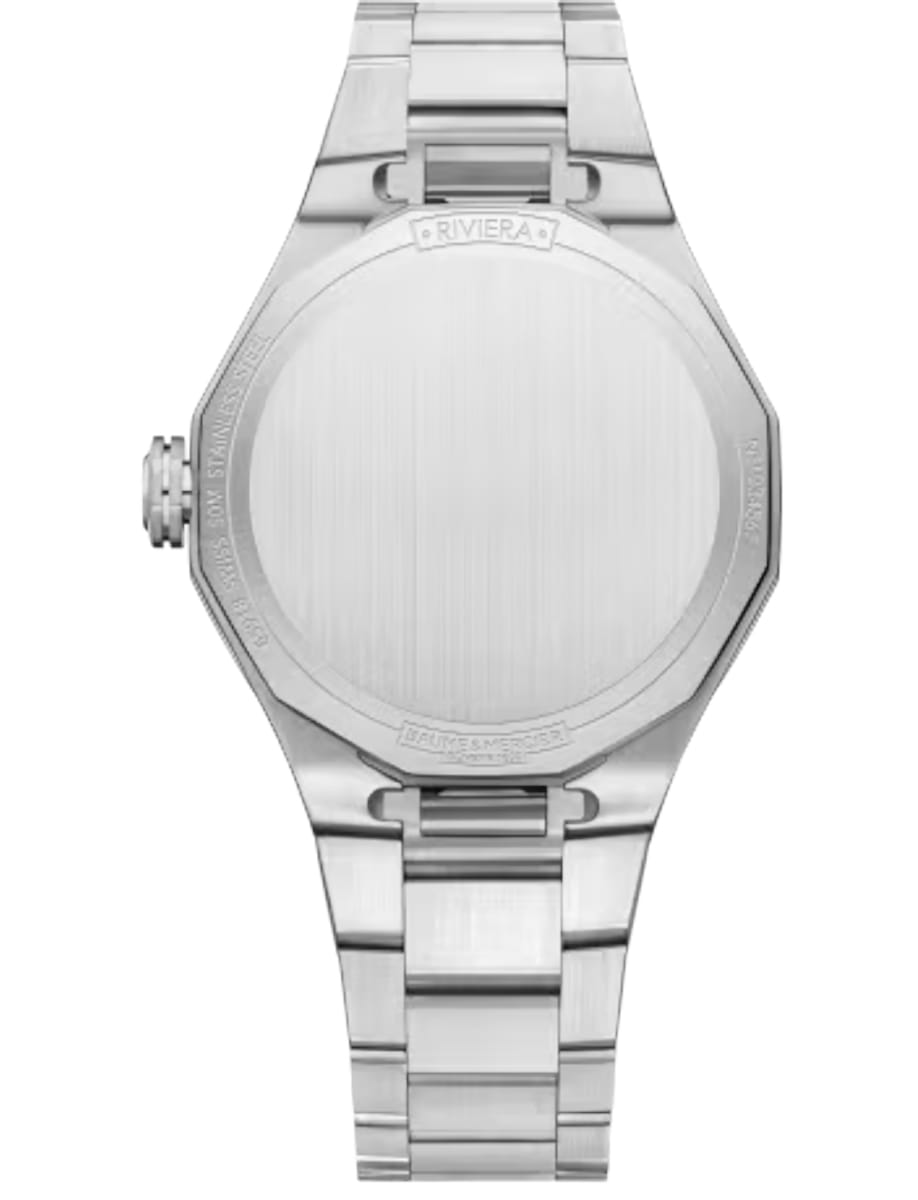 Back view of Baume & Mercier wristwatch with stainless steel case and bracelet and blue dial