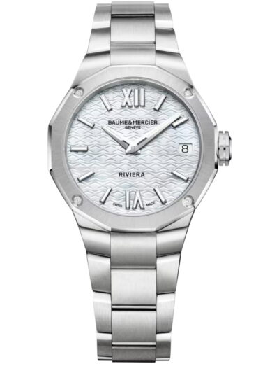 Baume & Mercier wristwatch with stainless steel case and bracelet and white mother of pearl dial