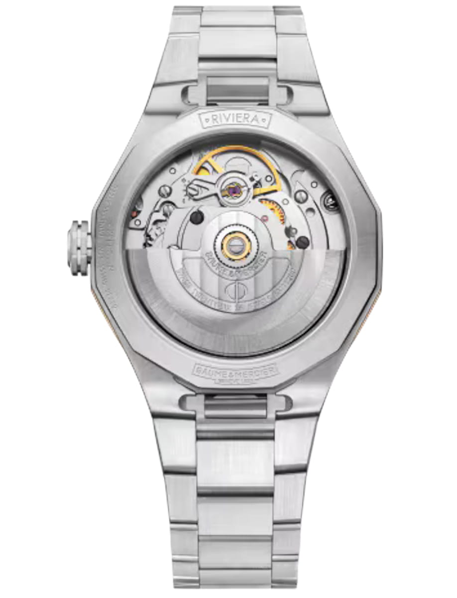 Back view of Baume & Mercier wristwatch with stainless steel case and bracelet and Argent chaud dial