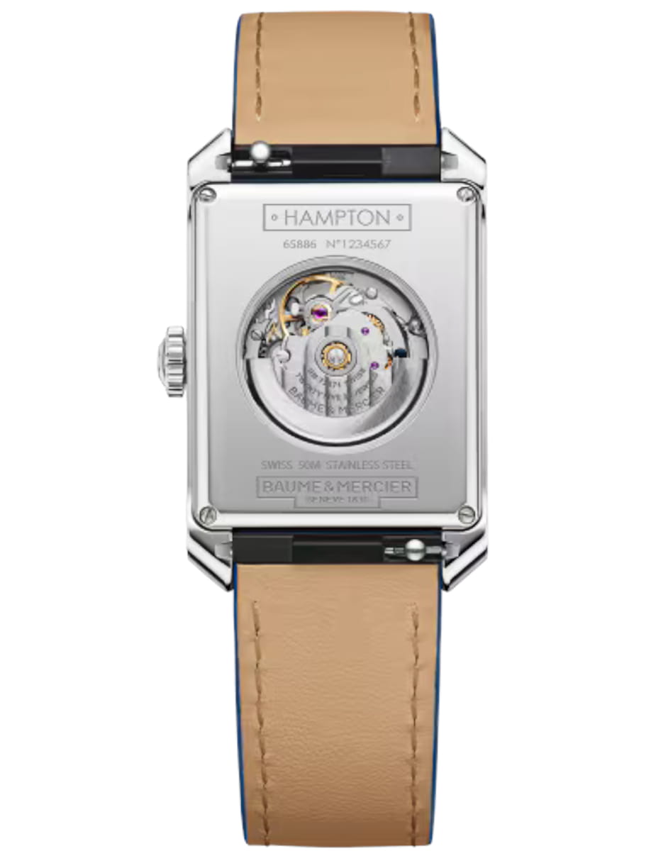 Back view of Baume & Mercier wristwatch with stainless steel case, blue dial