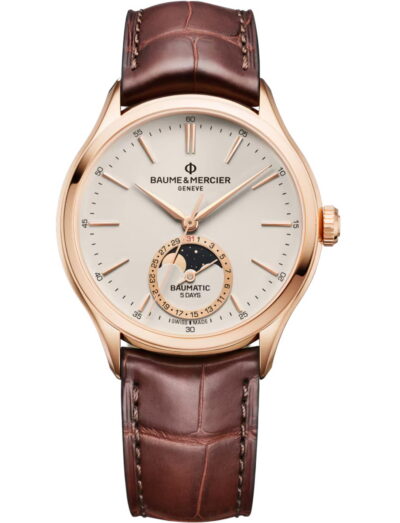 Baume & Mercier wristwatch with 18k pink gold case, beige dial and brown alligator strap