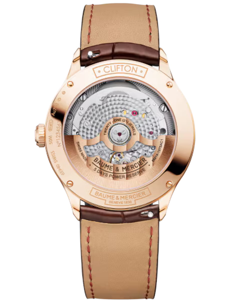 Back view of Baume & Mercier wristwatch with 18k pink gold case, beige dial and brown alligator strap