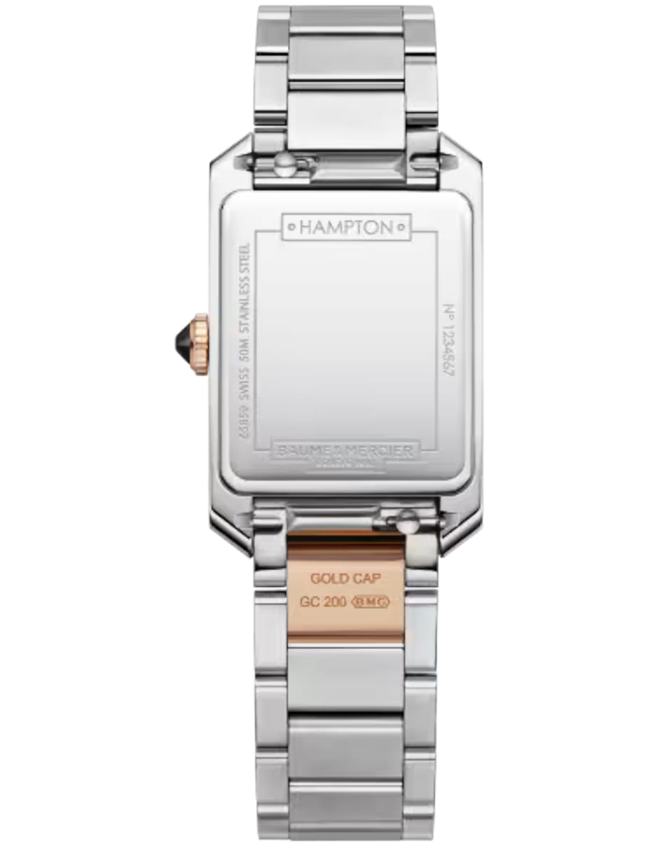 Back view of Baume & Mercier wristwatch with stainless steel case and bracelet and grey dial