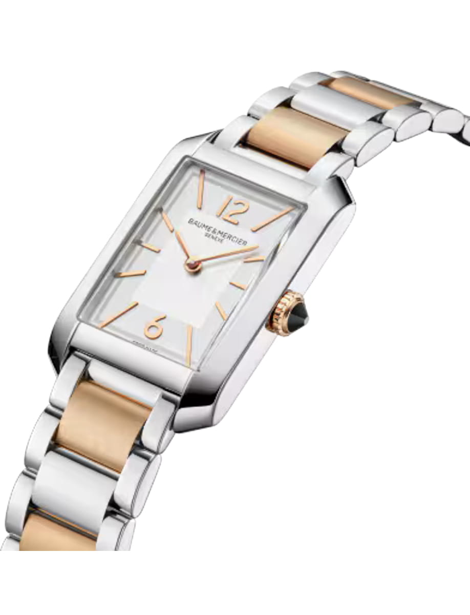 Side view of Baume & Mercier wristwatch with stainless steel case and bracelet and grey dial