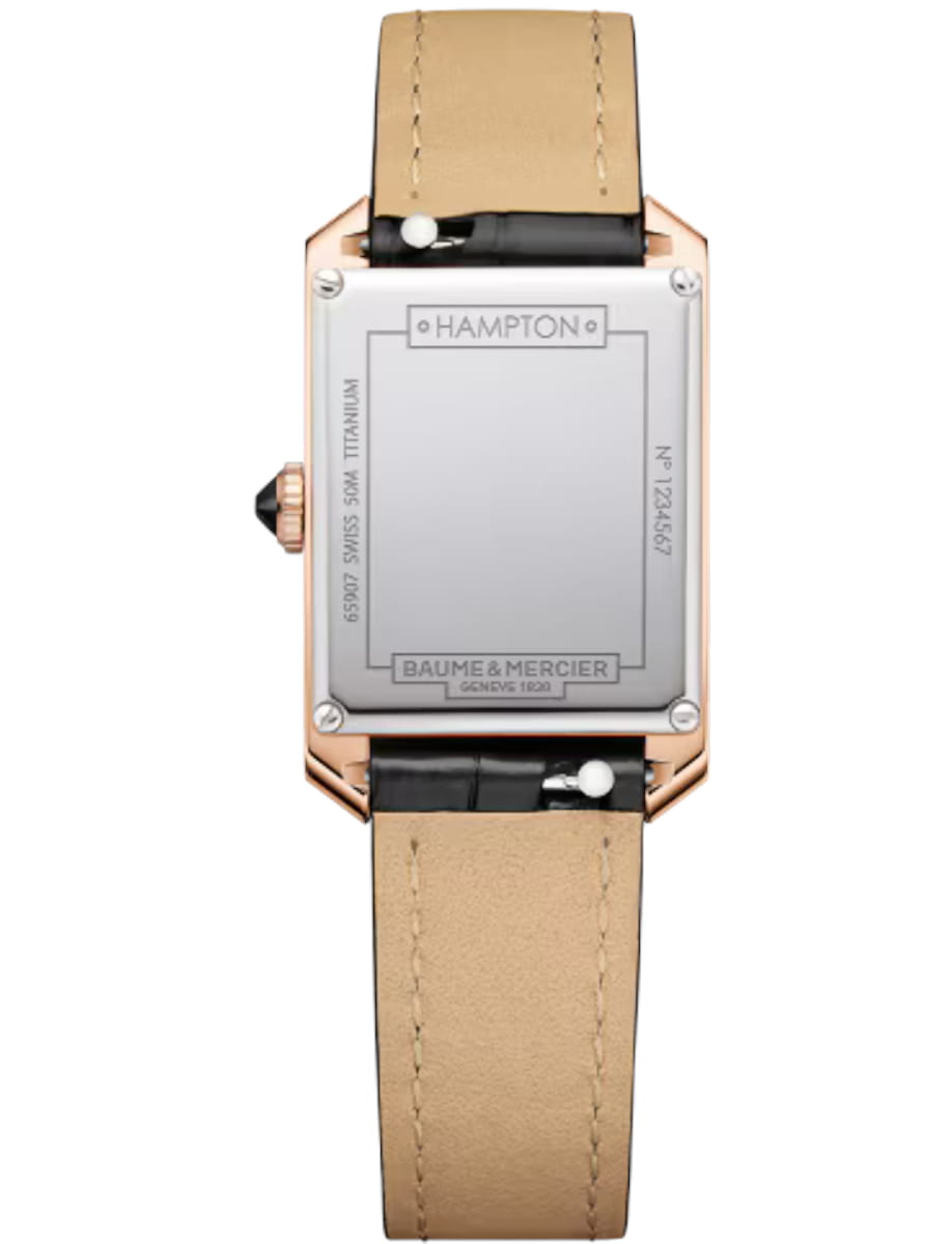 Back view of Baume & Mercier wristwatch with 18k pink gold case, grey dial and black alligator leather strap