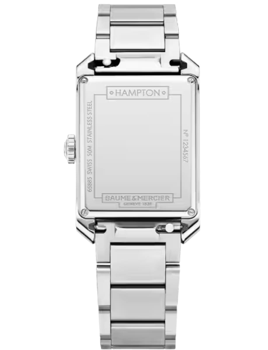 Back view of Baume & Mercier wristwatch with stainless steel case and bracelet and blue dial