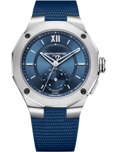 Baume & Mercier wristwatch with stainless steel case, blue dial and blue rubber strap