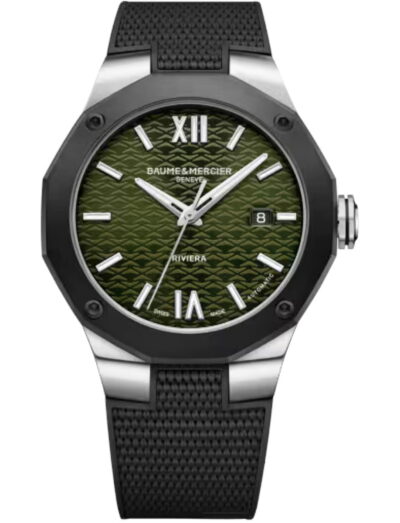 Baume & Mercier wristwatch with stainless steel case, green dial and black rubber strap