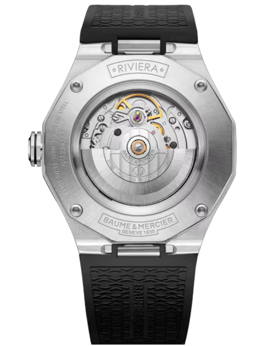 Back view of Baume & Mercier wristwatch with stainless steel case, green dial and black rubber strap