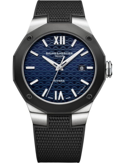 Baume & Mercier wristwatch with stainless steel case, blue dial and black rubber strap