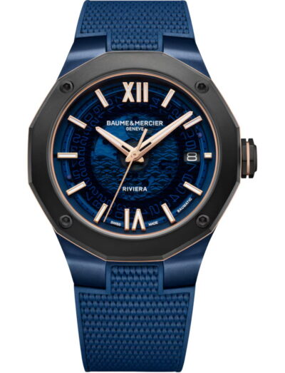 Baume & Mercier wristwatch with steel and titanium case, blue dial and blue rubber strap