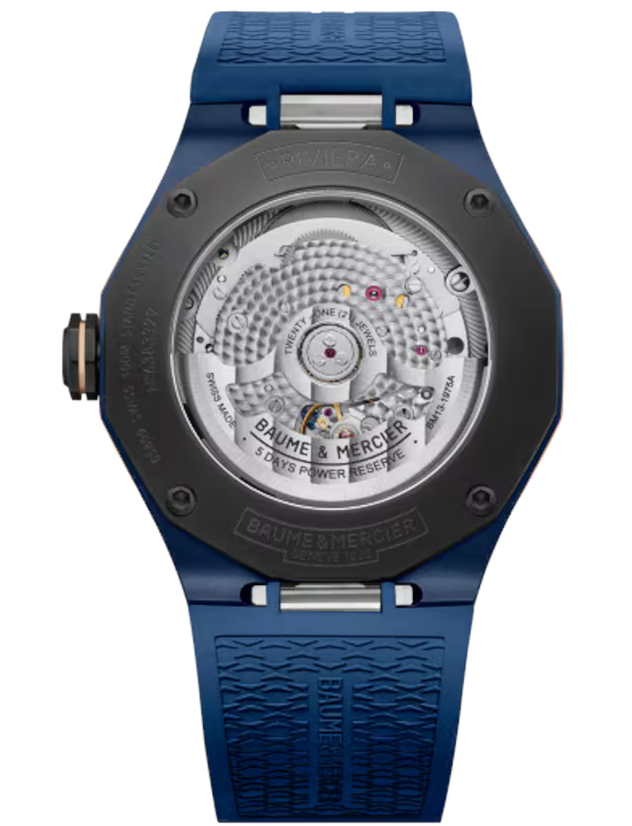Back view of Baume & Mercier wristwatch with steel and titanium case, blue dial and blue rubber strap