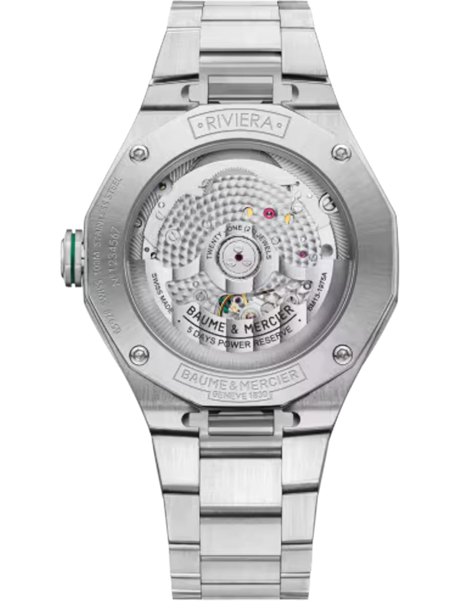 Back view of Baume & Mercier wristwatch with stainless steel case and bracelet and green dial