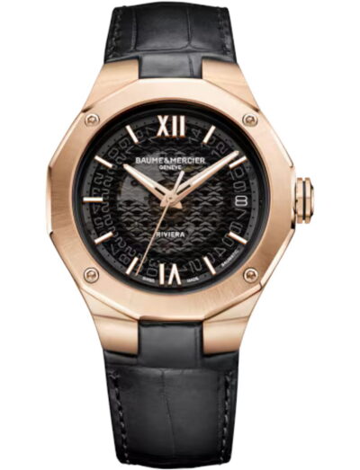 Baume & Mercier wristwatch with 18k pink gold case, black dial and black alligator strap