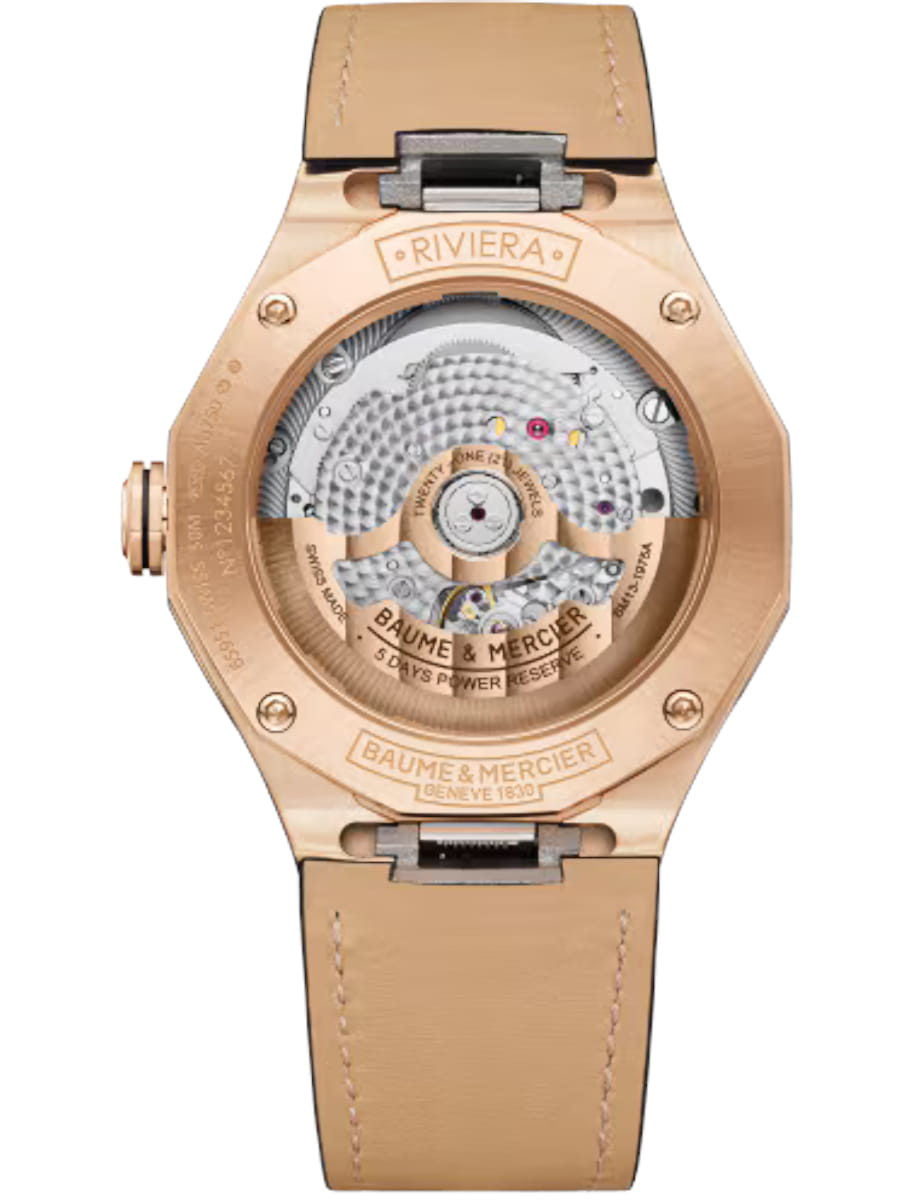 Back view of Baume & Mercier wristwatch with 18k pink gold case, black dial and black alligator strap