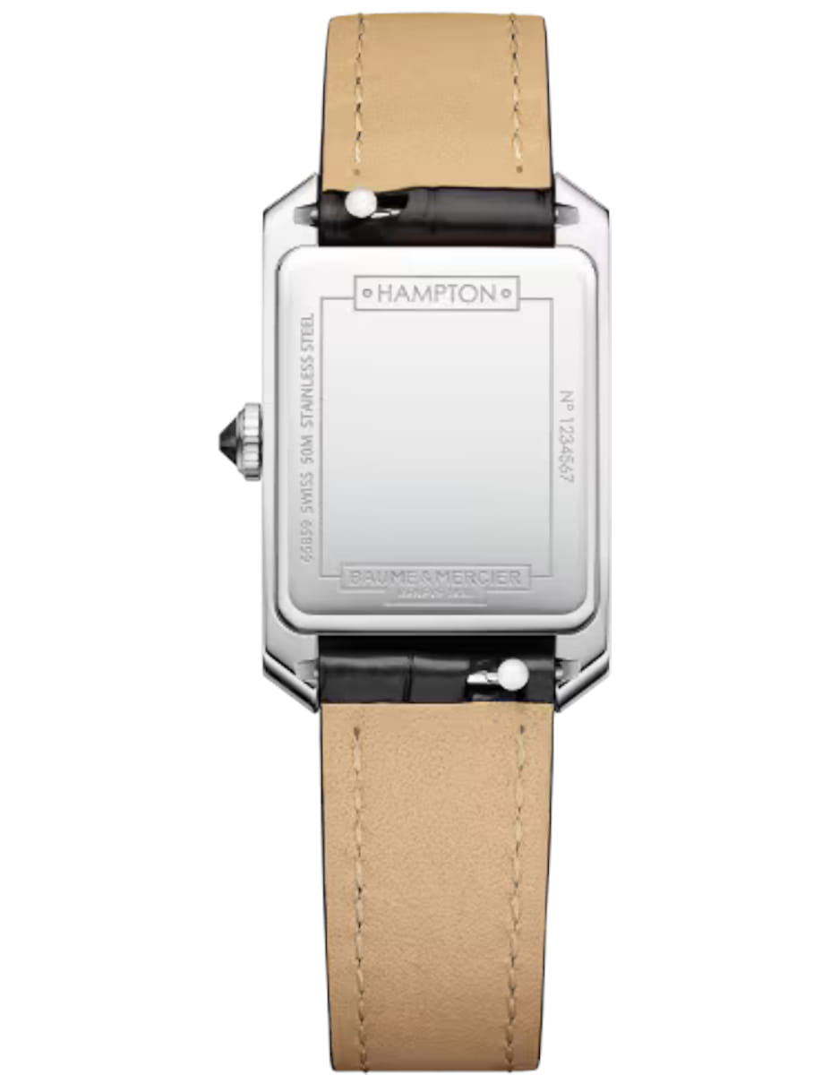 Back view of Baume & Mercier wristwatch with stainless steel case, black dial and black alligator leather strap