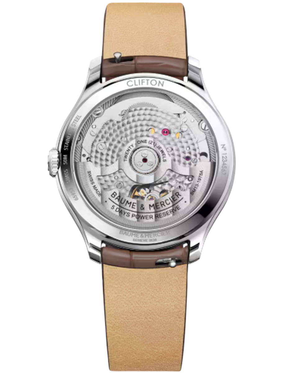 Back view of Baume & Mercier wristwatch with stainless steel case, off-white dial and alligator leather strap