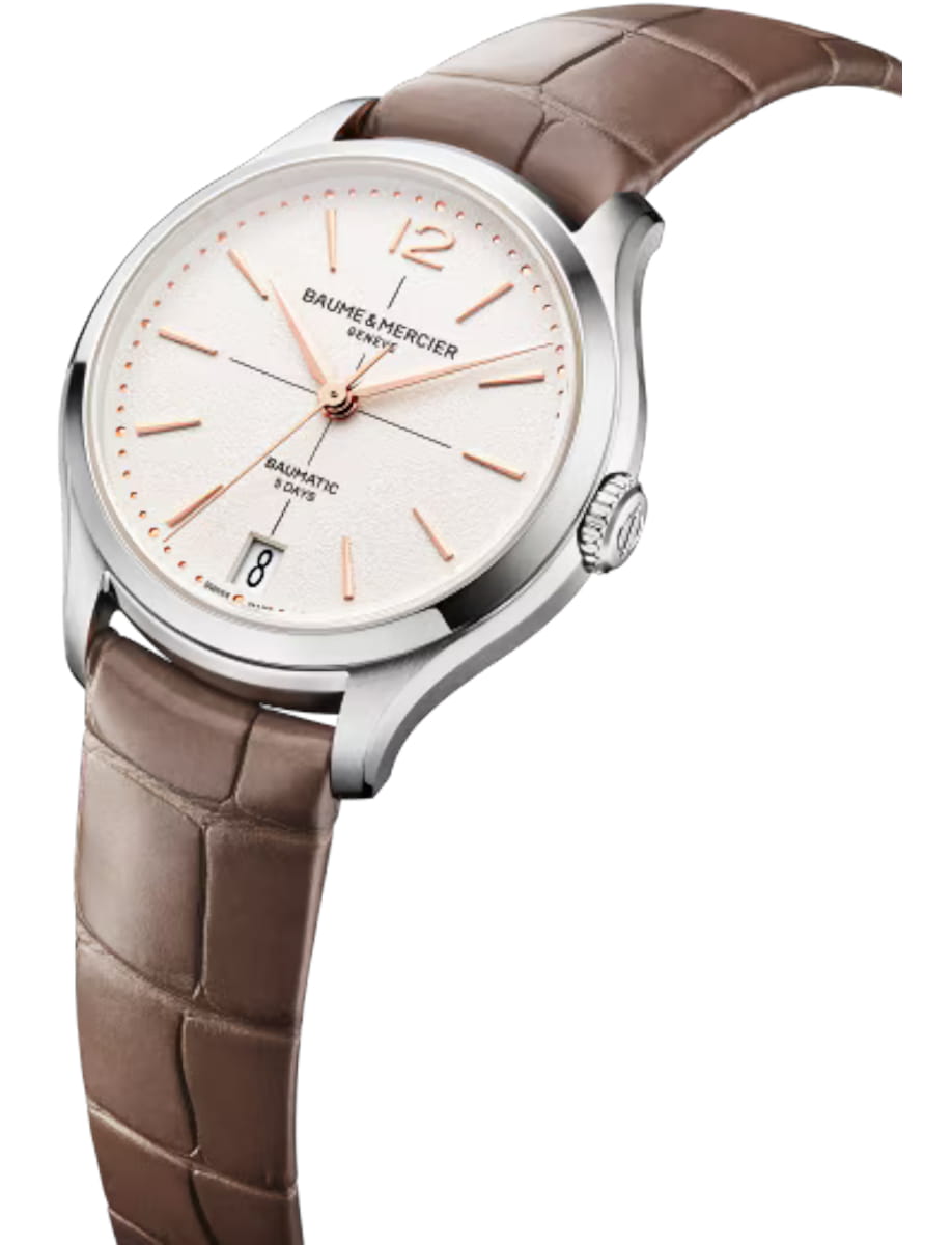 Side view of Baume & Mercier wristwatch with stainless steel case, off-white dial and alligator leather strap
