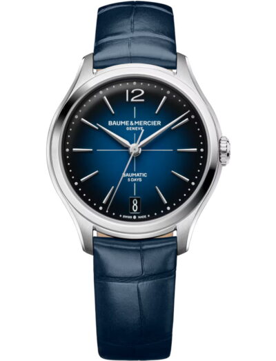 Baume & Mercier wristwatch with stainless steel case, blue dial and alligator strap