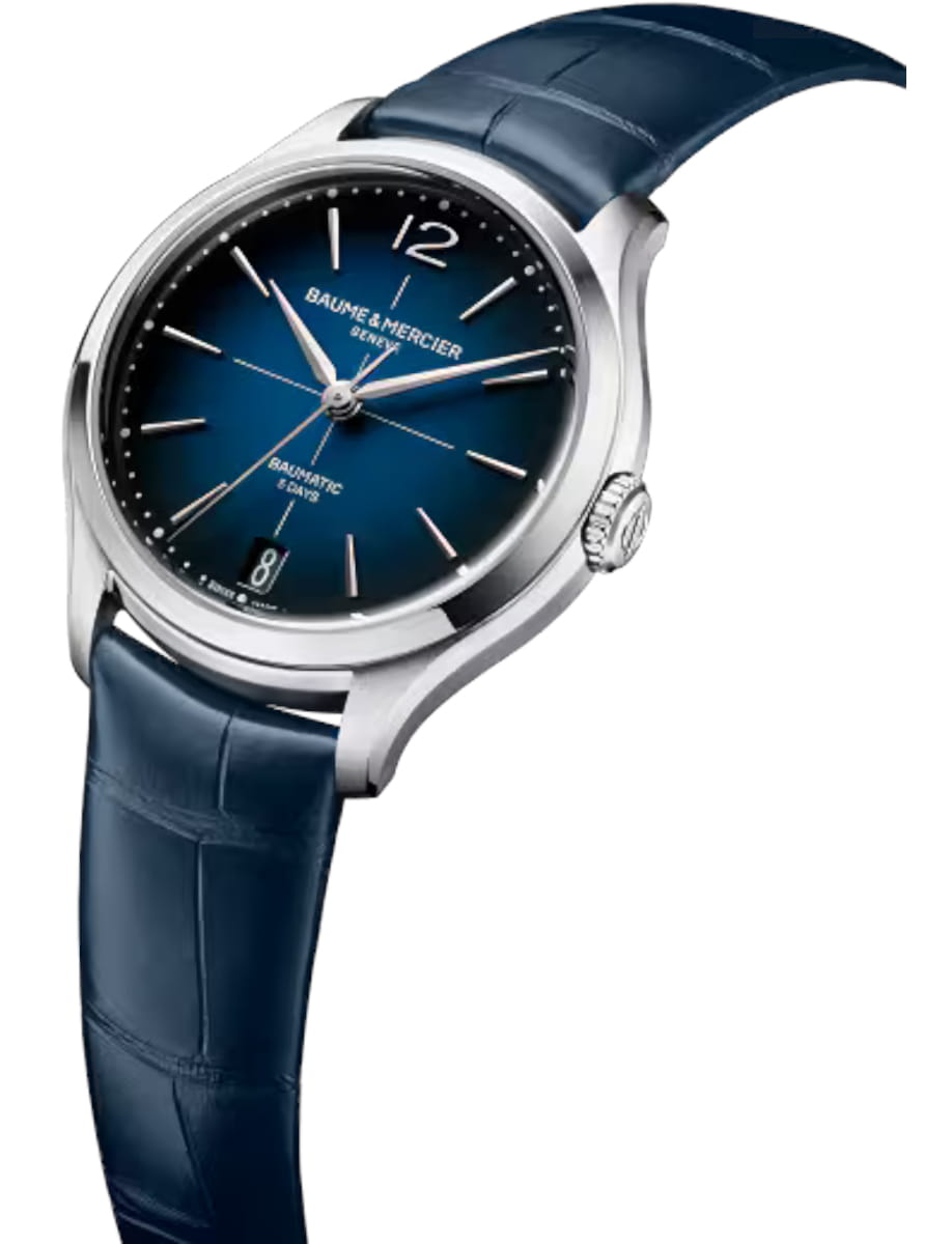 Side view of Baume & Mercier wristwatch with stainless steel case, blue dial and alligator strap